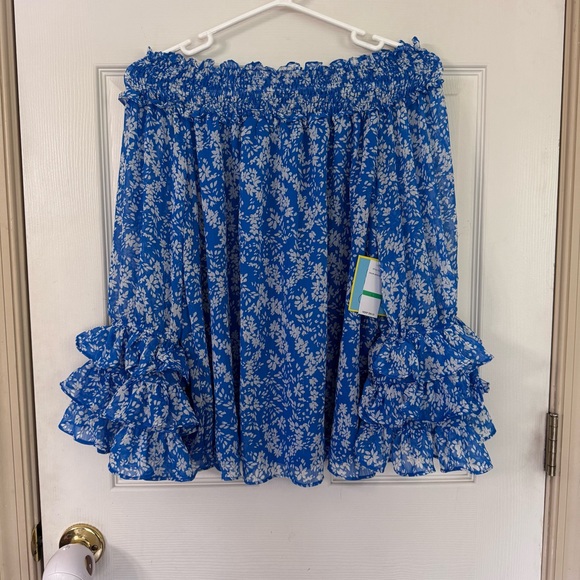 CeCe Floral Chiffon Blouse Off the Shoulder Blue Floral Size L  NWT Boho Indie - Picture 1 of 9